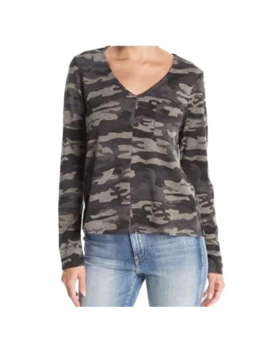 Sanctuary Gray Camo Print V-Neck Pullover Lightweight Knit Sweater Plus Size 3X
